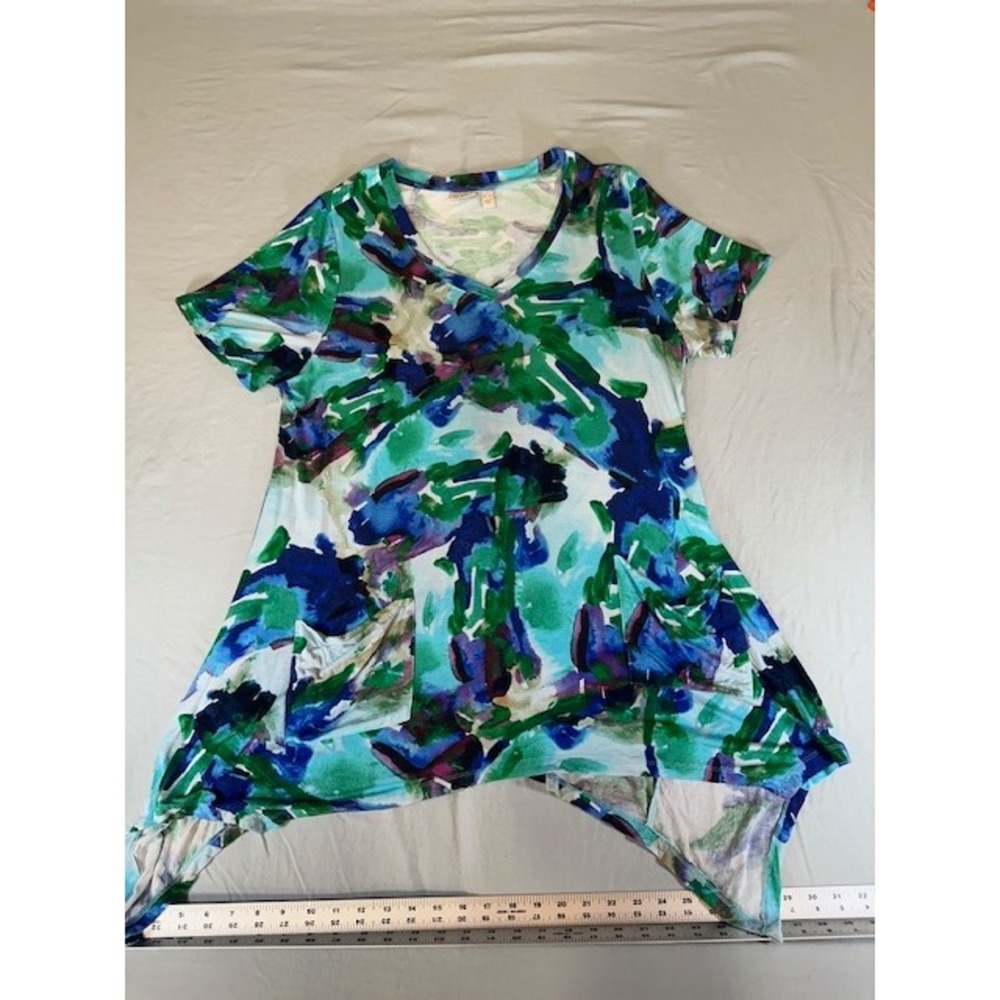 L LOGO Lori‎ GOLDSTEIN TUNIC SHARK BITE BLUE TURQUOISE WHITE TOP WITH POCKETS